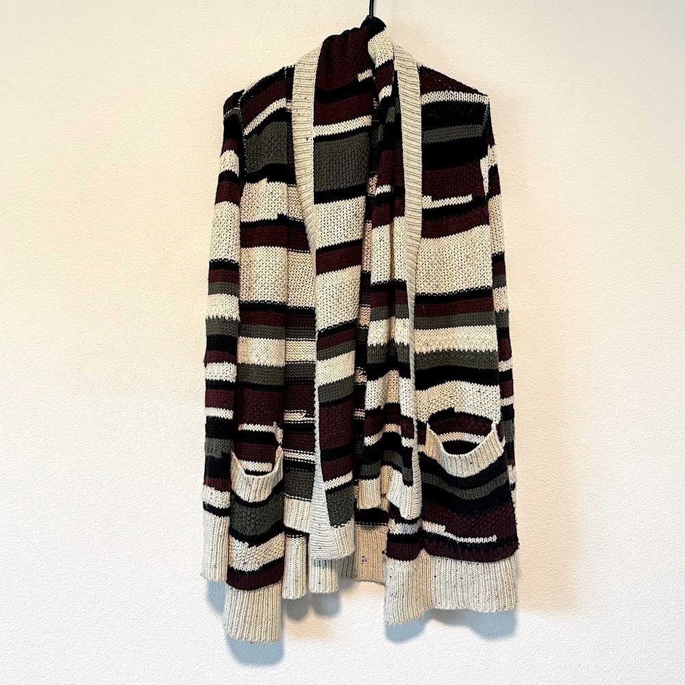 Hinge Wool Blend Green Black Maroon Cream Longline Open Front Cardigan Sweater S